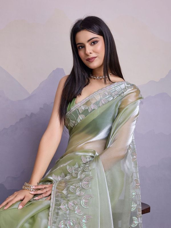Pista Thread & Sequance Embroidery Work Jimmi Silk Saree