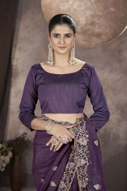 Purple Multy Thread & Sequance Embroidery Cut Work Gold Crunchy Saree