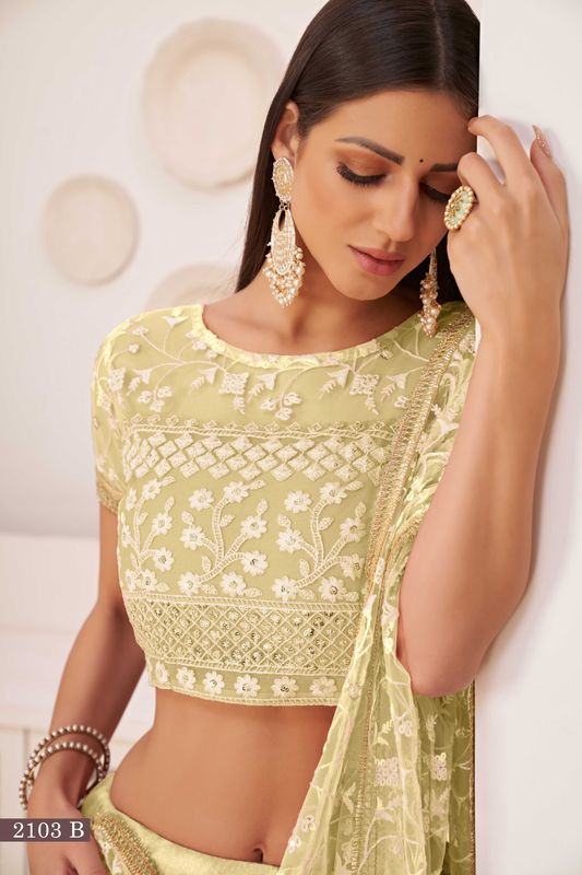 Light-Lemon Embroidered Net Stitched Lehenga