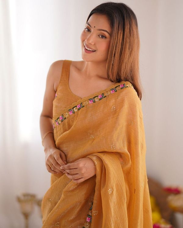 Mustard Pixel Silk Thread And Sequins Embroidery Work Partywear Girlie Saree