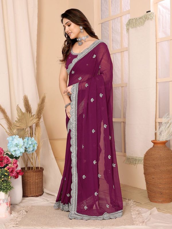 Wine Sequance Embroidery Work Zomato Chiffon Saree