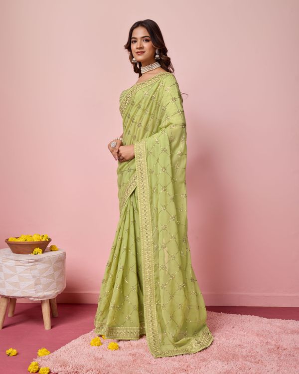 Green Designer Coding & Sequance Embroidery Work Georgette Saree