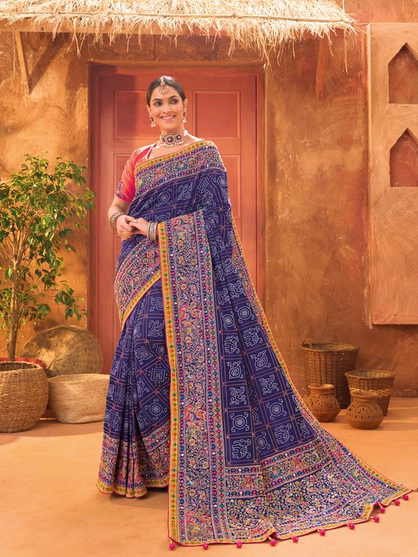 Blue Wevon Designer & Real Mirror & Diamond & Kachhi Work Banaras Silk Saree