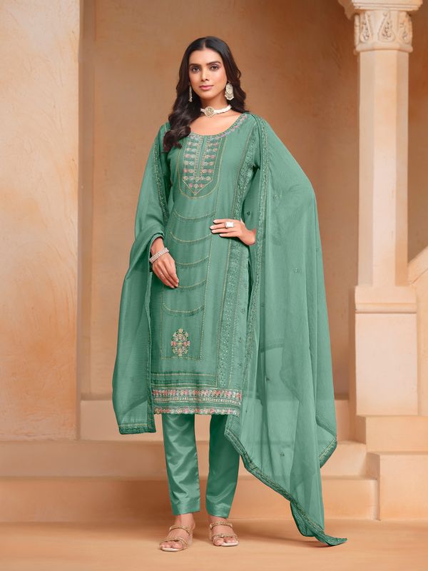 Green Organza Chiffon Designer Embroidery Work Heavy Looks Ceremonial Salwar Kameez