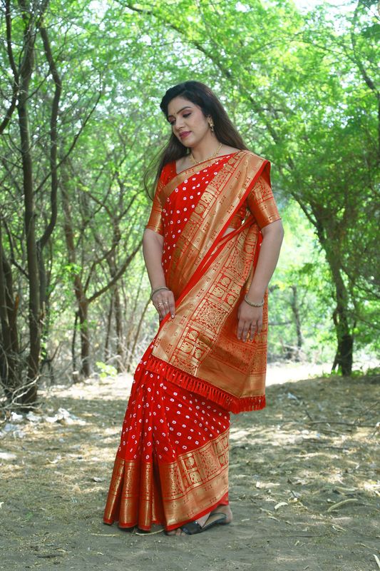 Maroon Wevon Jari Heavy Designer & Bandhej Work Kanjivaram Silk Saree