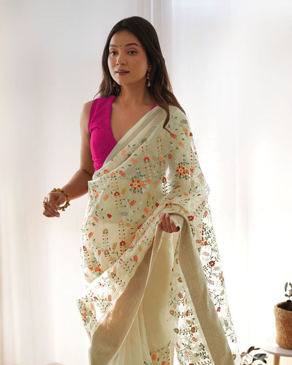 Yellow Wevon Patta & Thread & Dori & Jari Embroidery Work Organza Saree