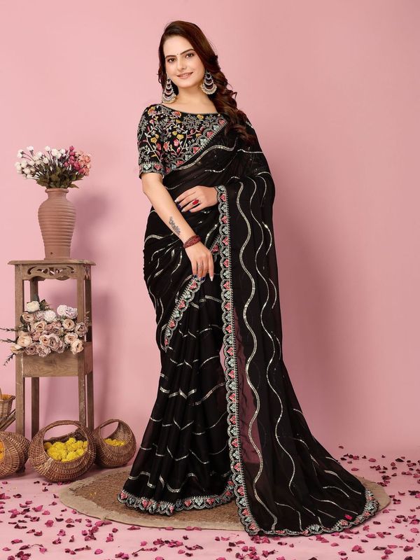 Black Multy Thread & Sequance Embroidery Work Rangoli Silk Saree