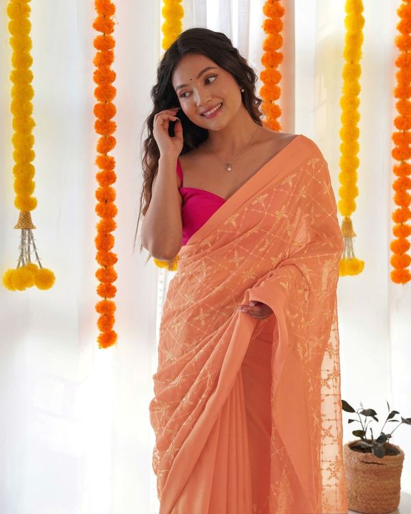 Orange Thread & Sequance Embroidery Work Satin Georgette Saree