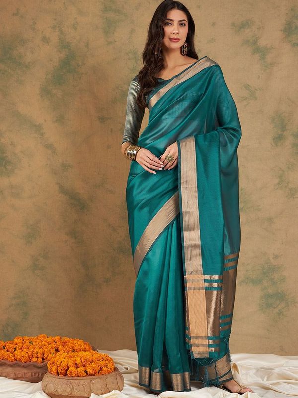 Teal Wevon Jari Designer Cotton Organza Saree