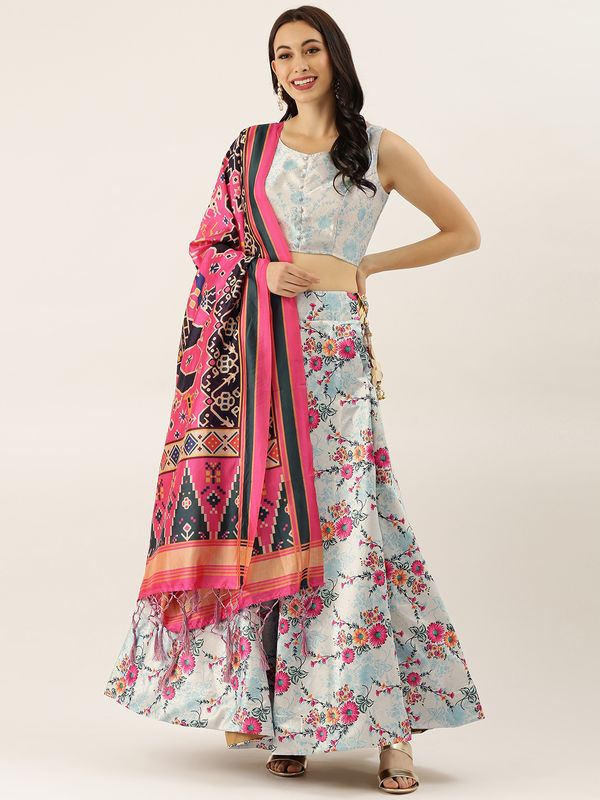 Digital Print Satin Silk Fabric Stitched Lehenga Choli With Jequared Blouse and Assami Silk Thread Work Dupatta For Women and Girls In Festive Party And Traditional Wear