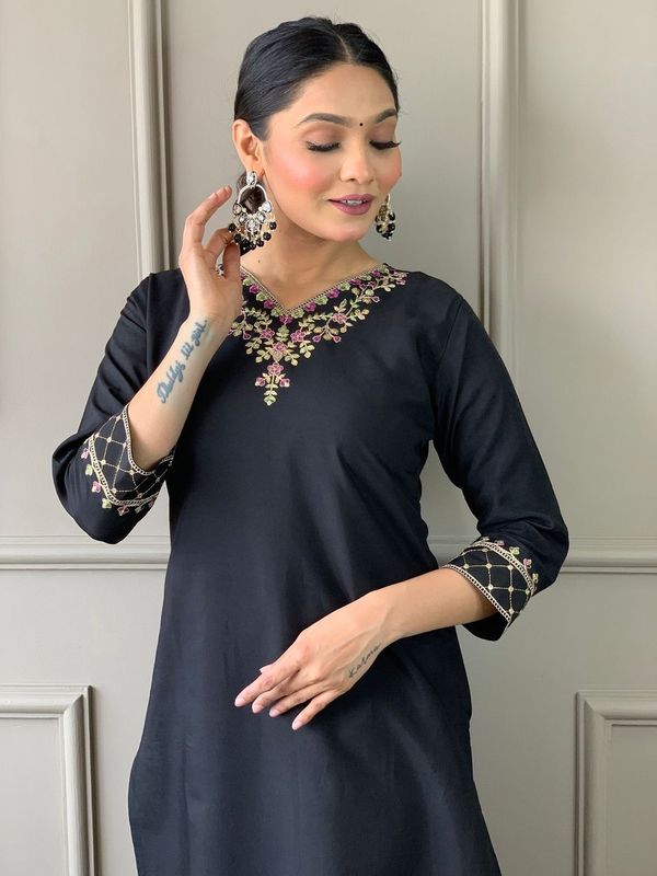 Black Chanderi Cotton Straight Kurta
