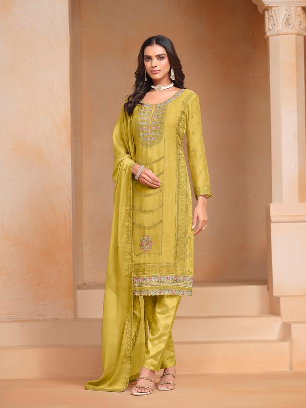 Yellow Organza Chiffon Designer Embroidery Work Heavy Looks Ceremonial Salwar Kameez