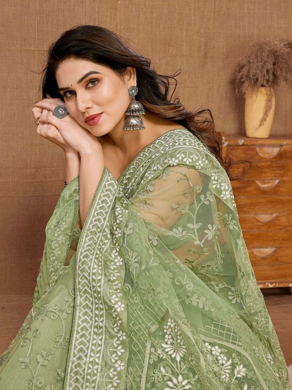 Pista Designer Thread Embroidery Work Soft Net Saree