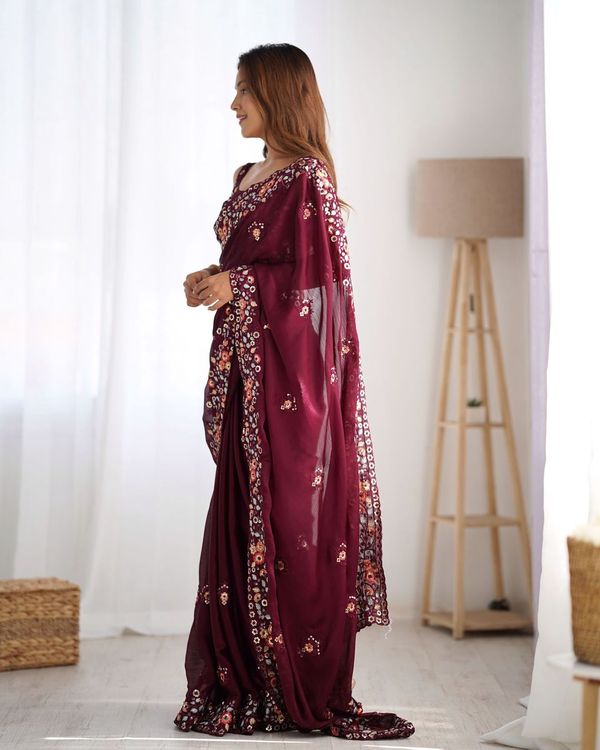 Wine Multy Thread & Sequance Embroidery Work Satin Chiffon Saree
