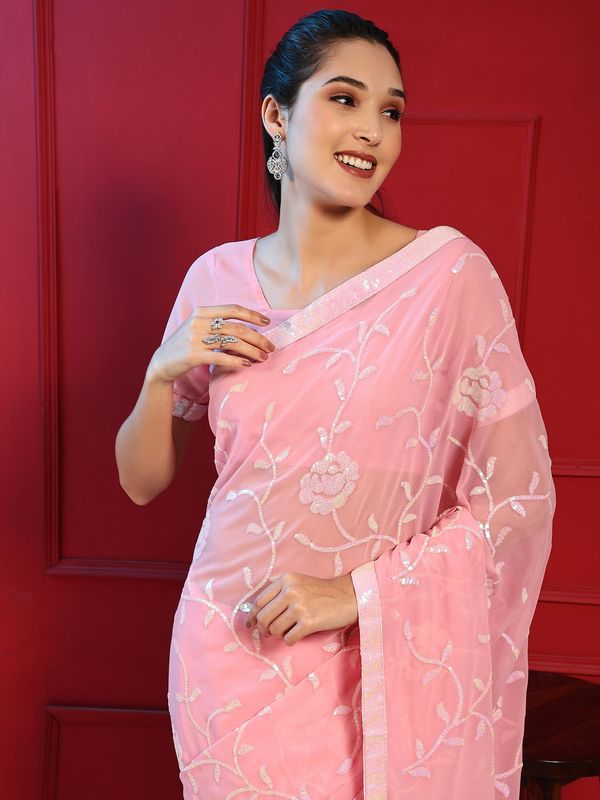 Pink Designer Sequance Embroidery Work Georgette Saree