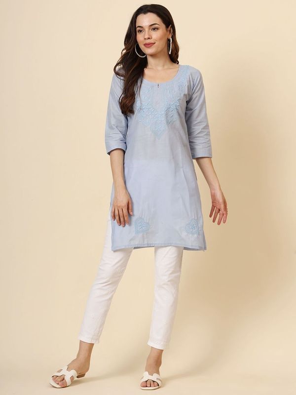 Light Blue Cotton Thread Embroidery Work Formal Looks Classy Casual Looks Kurta