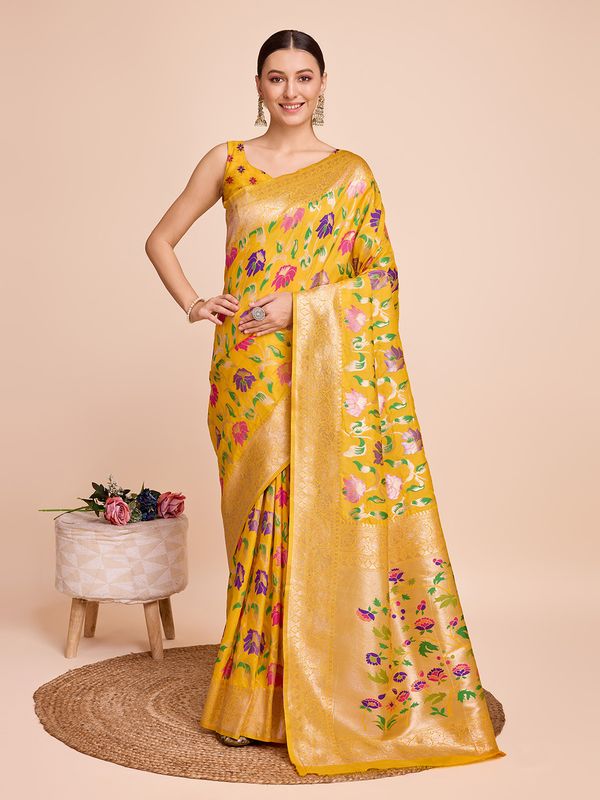 Yellow Weaving Meenakari Designer Paithani Silk Saree