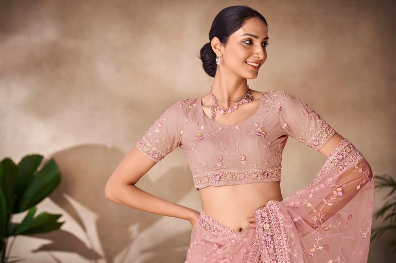 Peach Thread & Sequance Embroidery & Zarkan Work Net Saree