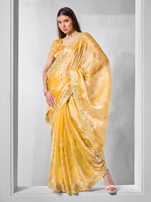 Yellow Color Burburry Fabric Bollywood Style Designer Embroidery Work Evening Party Saree
