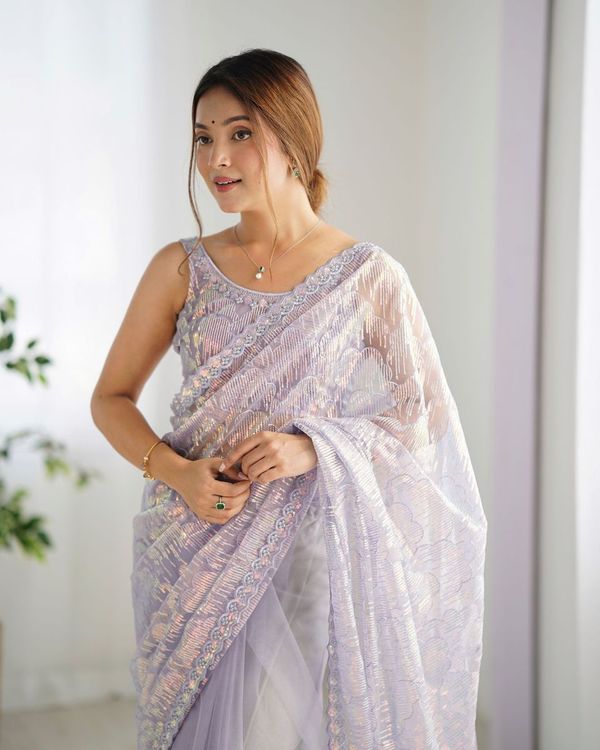 Lavender Heavy Sequance Embroidery Work Mono Net Saree