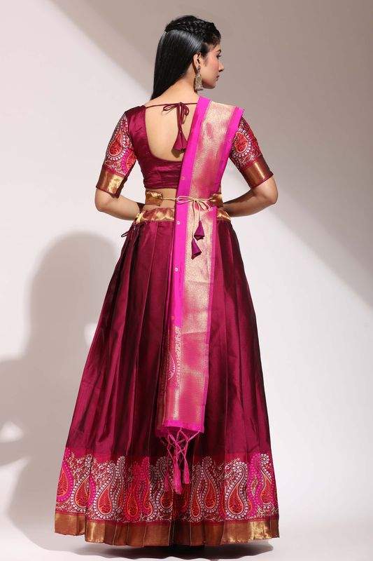 Maroon Lichi Silk Jacquard Work Lehenga