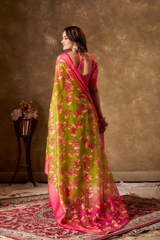 Light Green Cotton Printed Saree and Stitched Pink Blouse