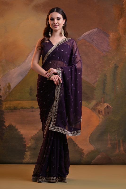Wine Sequance Butti Embroidery Work Georgette Saree
