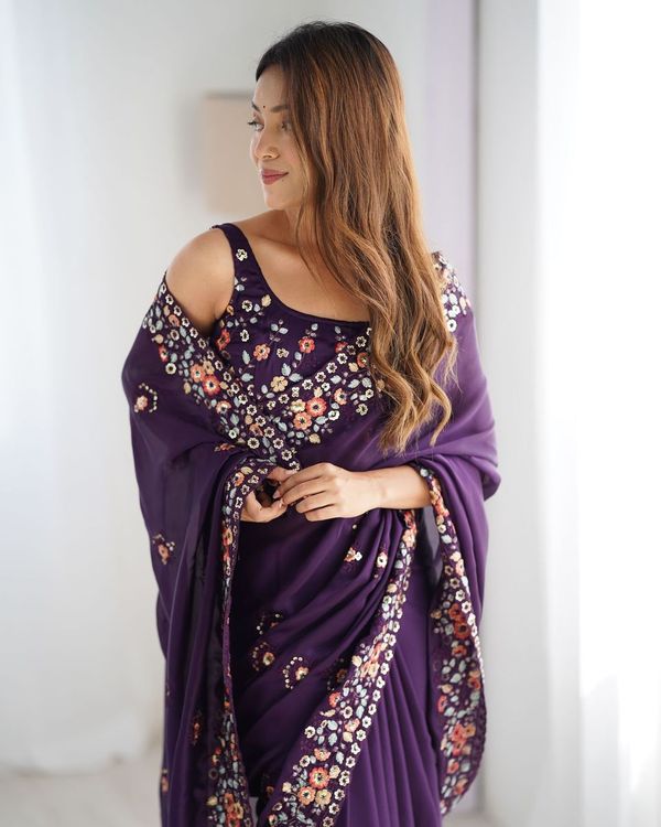 Purple Multy Thread & Sequance Embroidery Work Satin Chiffon Saree