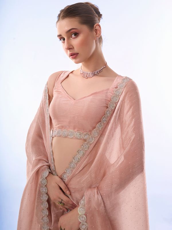 Peach Designer Work Lace Border & Swarovski Work Burburry Saree