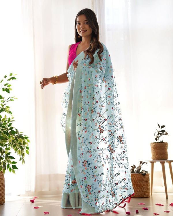 Grey Wevon Patta & Thread & Dori & Jari Embroidery Work Organza Saree
