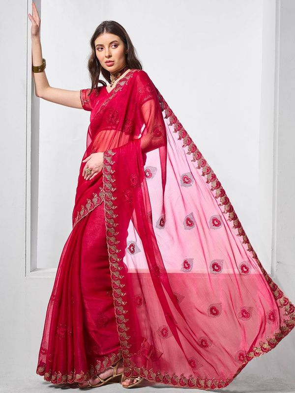 Red Designer Embroidery Work Shimmer Chiffon Saree