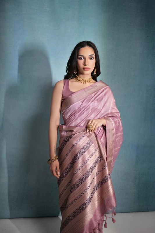 Wine Weaving Ikkat Designer Tusser Silk Saree