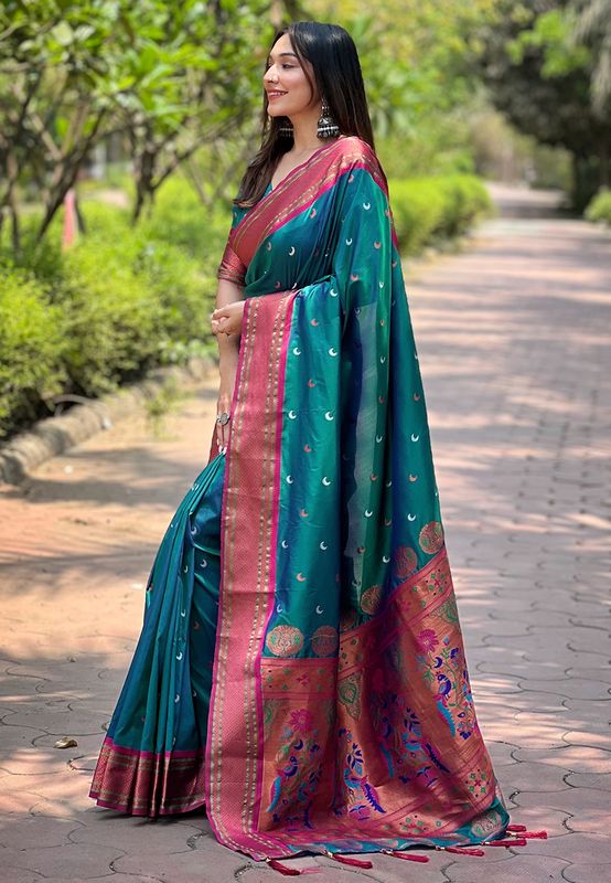 Rama Paithani Silk Wevon Paithani Meenakari Designer Heavy Wedding Wear Trendy Girlie Saree