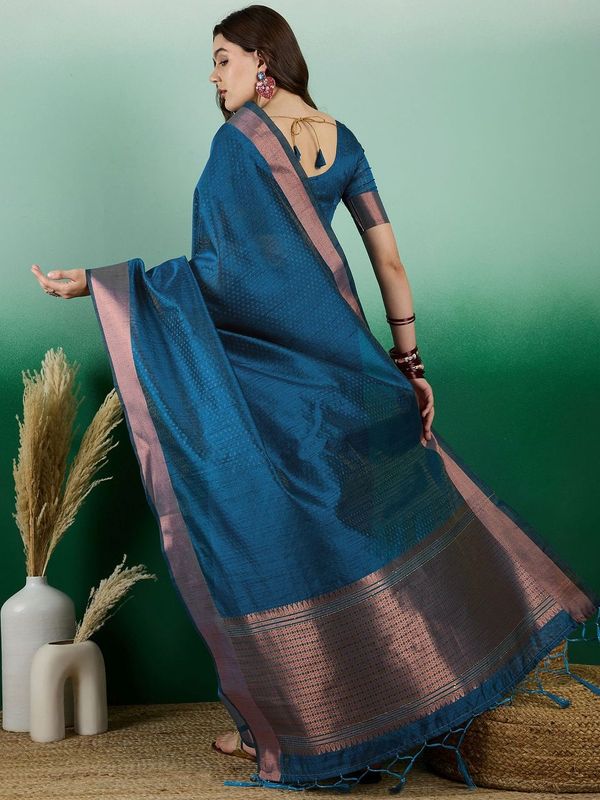 Teal Wevon Designer Khadi Organza Saree