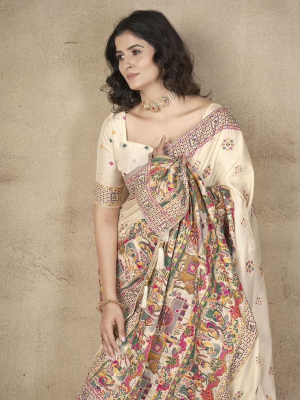 Yellow Wevon Thread & Jari Designer & Hand Work Pashmina Silk Saree