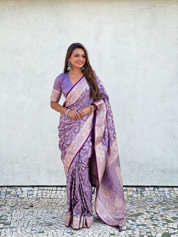 Purple Color Banarasi Silk Wevon Jari Designer Rich Looks Partywear Saree