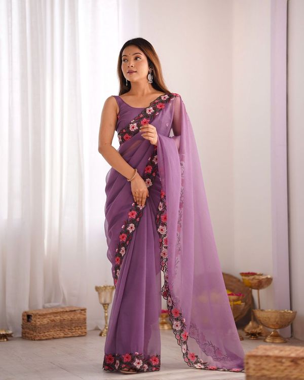 Lavender Multy Thread Embroidery Work Gold Crush Saree