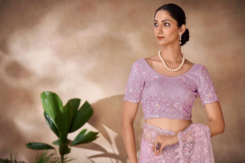 Lilac Thread & Sequance Embroidery & Zarkan Work Net Saree