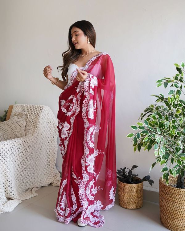 Red Thread Embroidery & Cut Dana Work Thai Organza Silk Saree