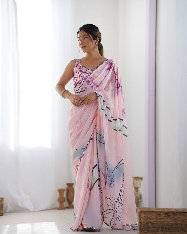 Pink Color Beautiful Chinon fabric Digital Printed Saree With Mirror Cut Work