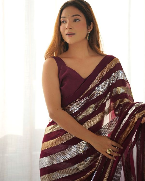 Wine Sequance Embroidery Work Border Georgette Saree