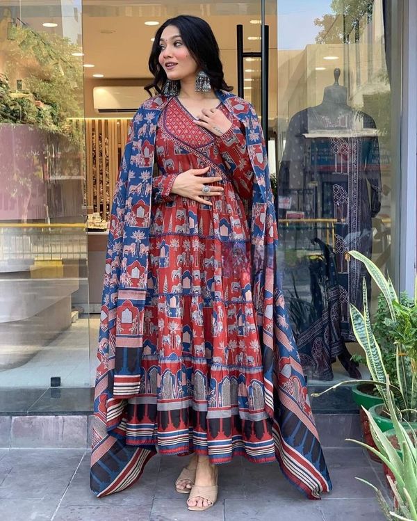 Red Cotton A-Line Kurta, Anarkali Kurta