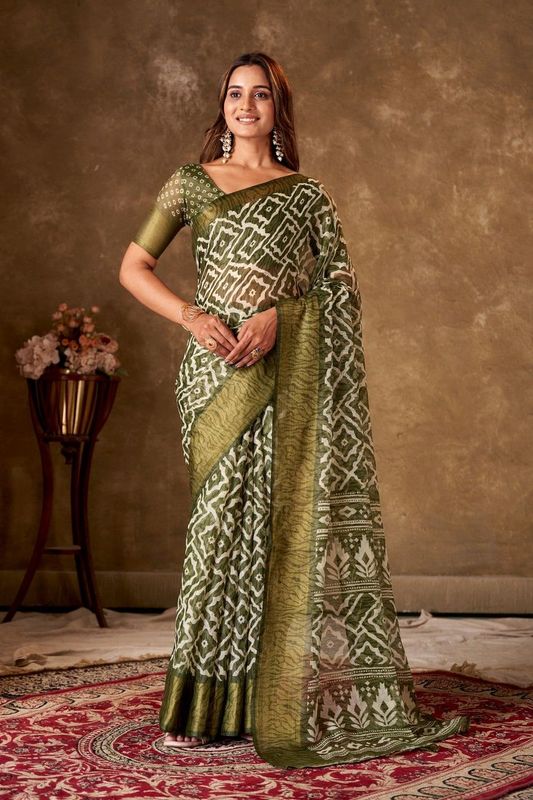 Olive Cotton Printed Saree and Stitched Olive Blouse