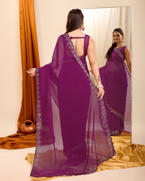 Wine Designer Sequance Embroidery Work Georgette Saree