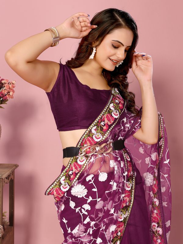 Wine Multy Thread Embroidery Work Soft Net Saree