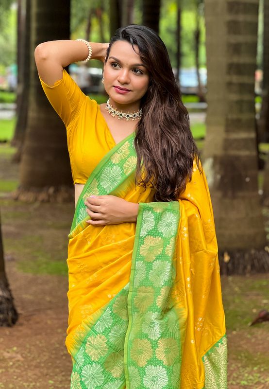 Yellow Soft Silk Weaving Dual Jari Designer Ethnic Indian Traditional Saree