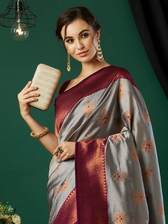 Grey Banarasi Silk Woven Saree With Tassels on Pallu and Stitched Wine Blouse