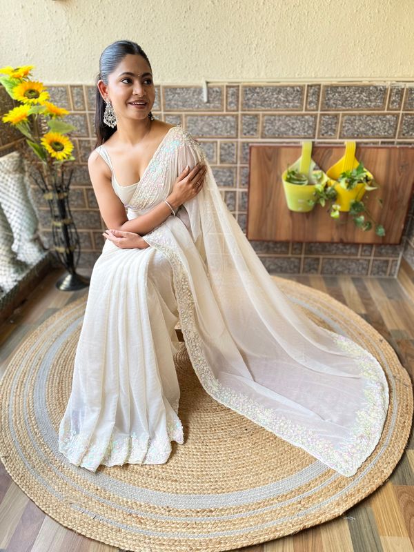 Off White Heavy Sequance Embroidery Work Georgette Saree