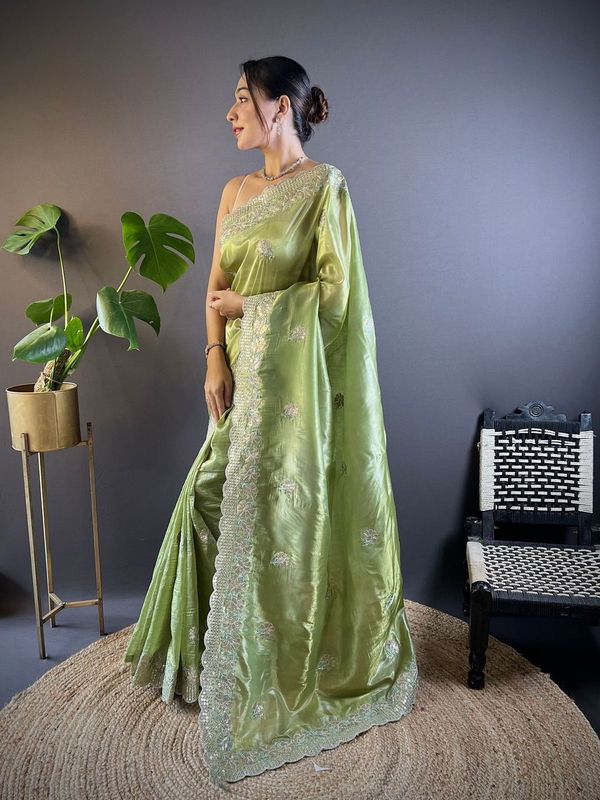 Green Sequance & Thread Embroidery & Cut Work Gold Crunchy Saree