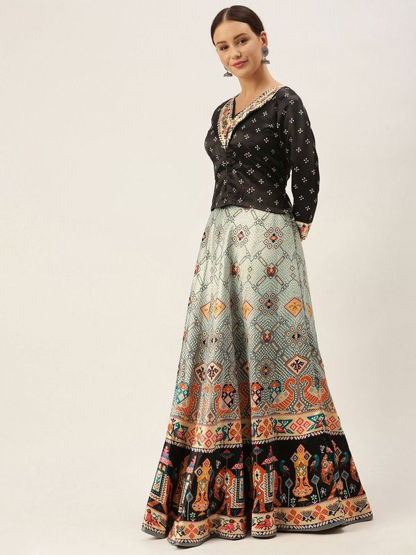 Ethnic Motifs Digital Print Shiney Satin Croptop Lehenga Choli With Blouse For Women and Girls